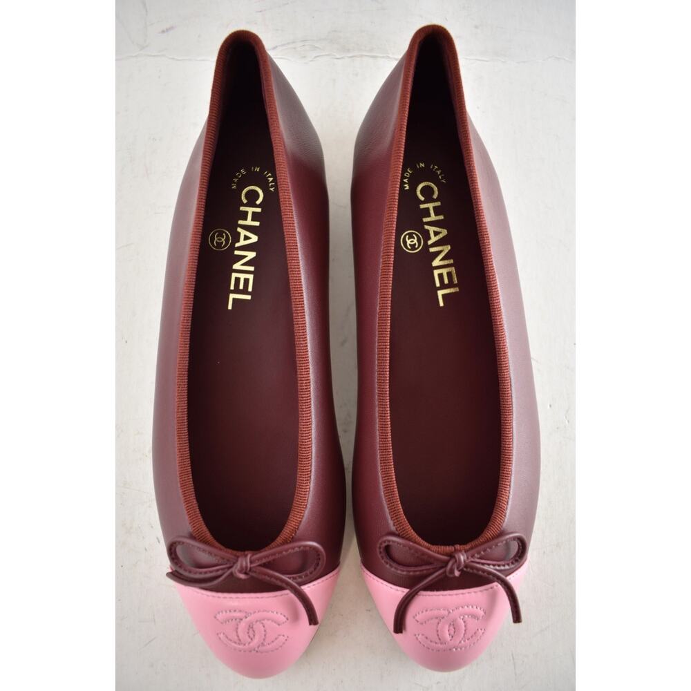Chanel 26S Burgundy Red Pink Lambskin Leather CC Logo Ballet Ballerina Flat 37.5 - Picture 12 of 16